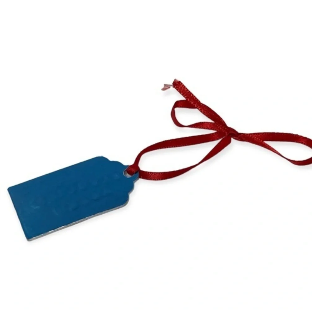 Handmade Holiday stamped happy holidays Silver‎ aluminum red ribbon ornament